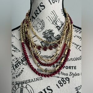 Statement Layered Gold Chain Necklace Red Beads Glass Cabochon Multi Strand